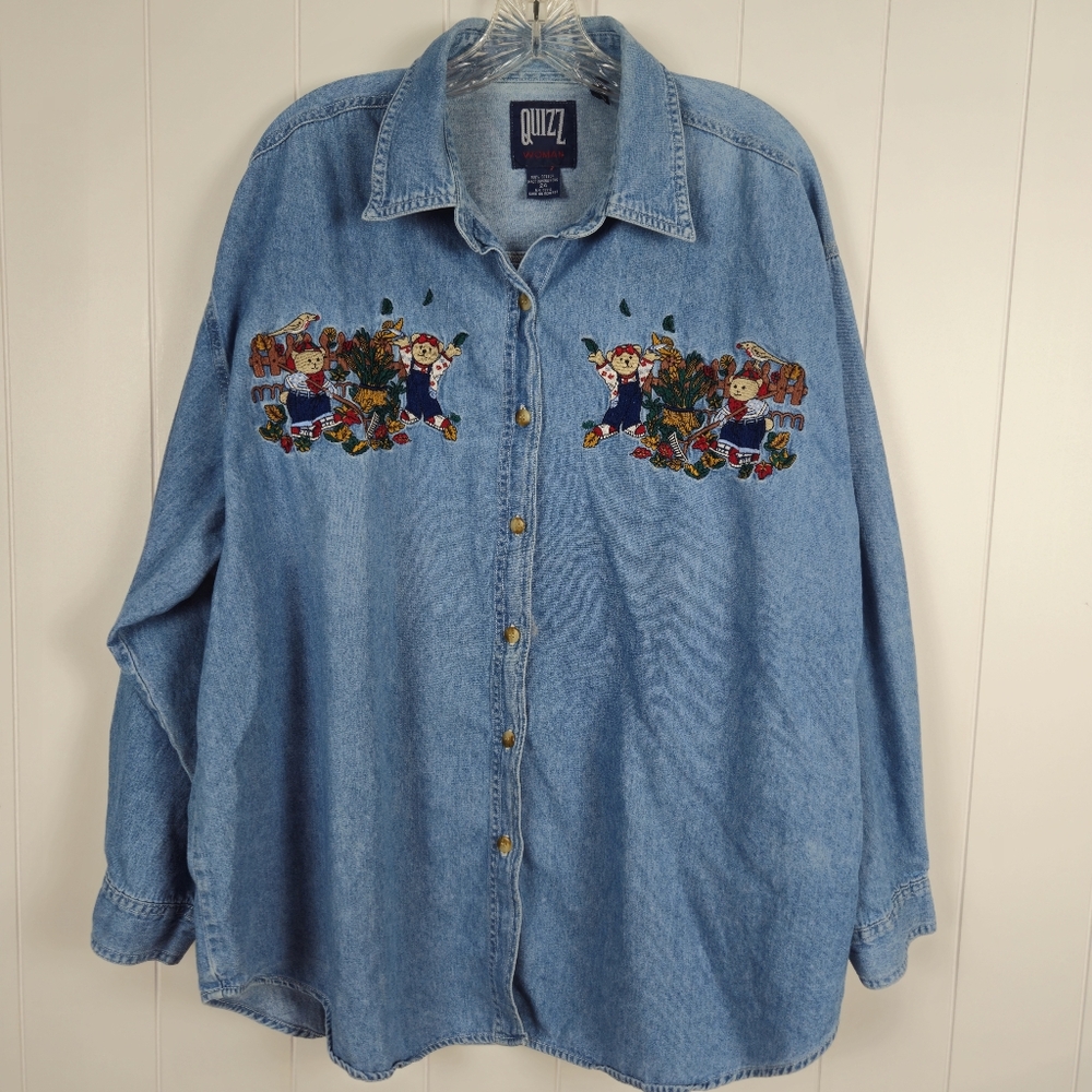 Vintage Chambray Denim Shirt Button Up Teddy Bears Fall Pumpkins Quizz Womens 24
